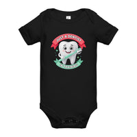 Dentist in Training baby one-piece bodysuit in black, front view, cartoon tooth with a toothbrush between JUST A DENTIST and IN TRAINING banners