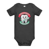 Dentist in Training baby one-piece bodysuit in dark grey heather, front view, cartoon tooth with a toothbrush between JUST A DENTIST and IN TRAINING banners