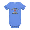 Doctor in Training D.O. baby one-piece bodysuit in heather columbia blue, front view