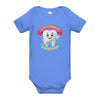 Dentist in Training baby one-piece bodysuit in heather Columbia blue, front view, cartoon tooth with a toothbrush between JUST A DENTIST and IN TRAINING banners