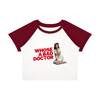 Whose a Bad Doctor? Women's Raglan Crop-Top Tee in white with wine red sleeves, front view