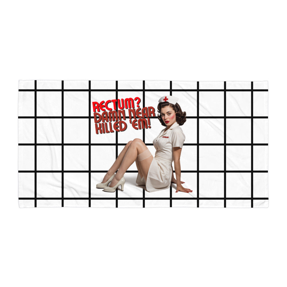 Rectum? Damn Near Killed 'Em! Beach Towel White Tile, 30x60 flat view