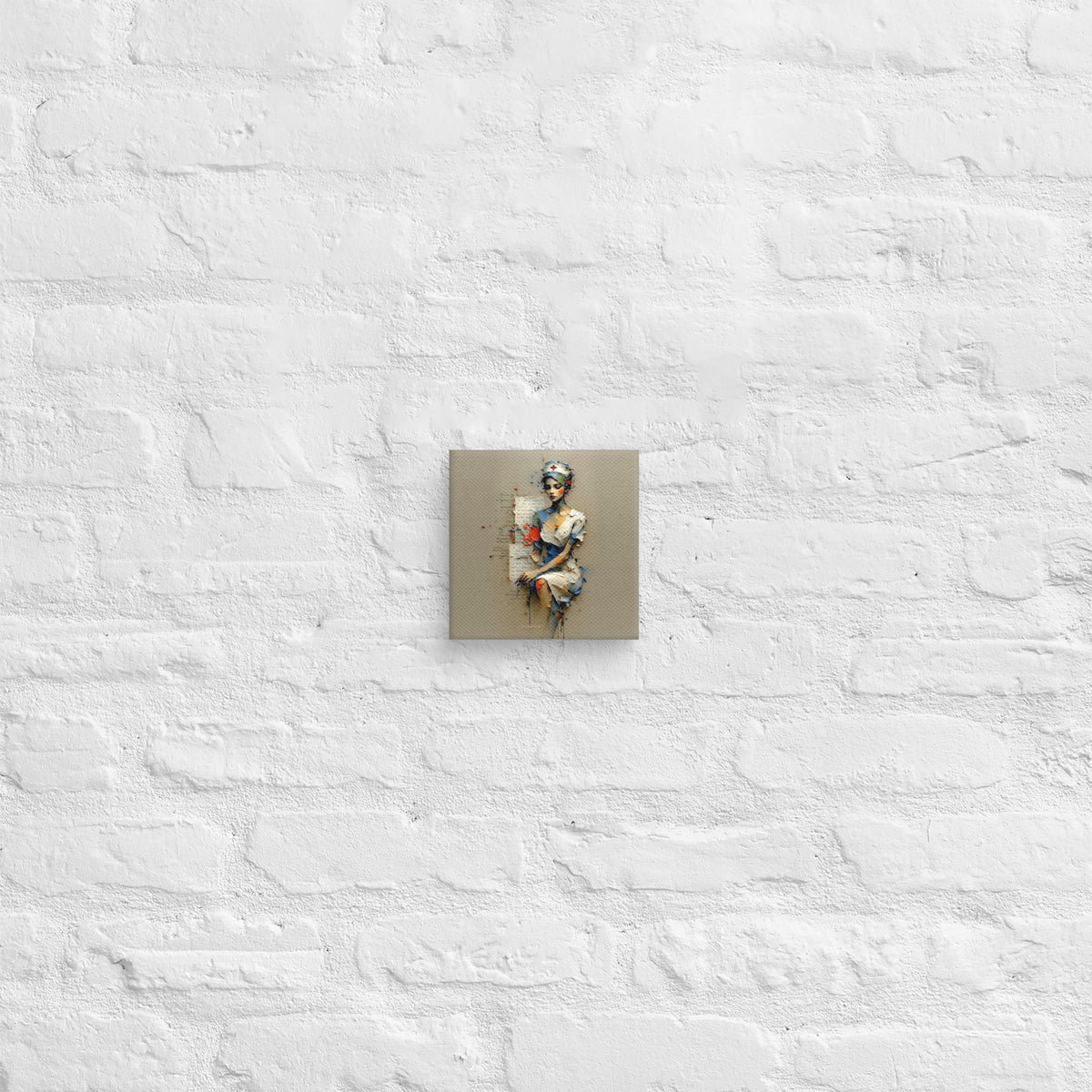 Nurse of Many Layers canvas print, 6×6 inch, hung on a painted brick wall