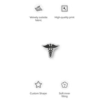 Rest Is Medicine Caduceus Shaped Pillow, 10 by 10 inch, with feature callouts: velvety outside fabric, high-quality print, custom shape, soft inner filling