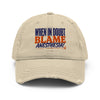 When In Doubt, BLAME Anesthesia! distressed dad hat in khaki, front view of the embroidered slogan