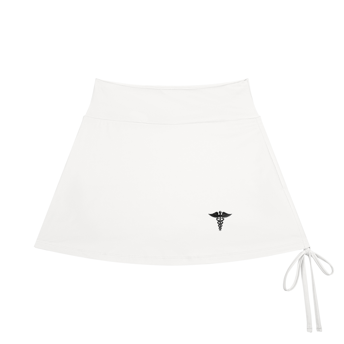 Caduceus women's drawstring A-line yoga skort in white, front view