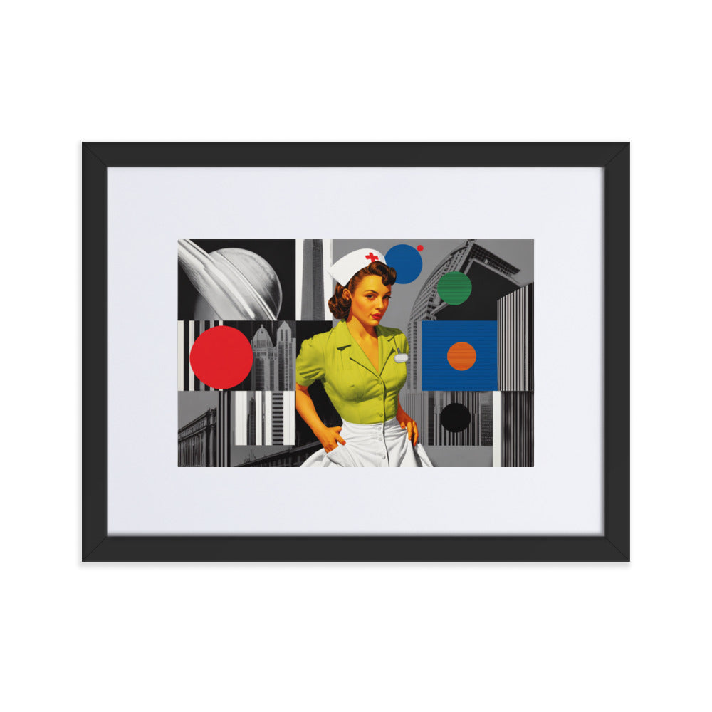 Retro-Astro Geo Nurse Matte Paper Framed Poster With Mat in black