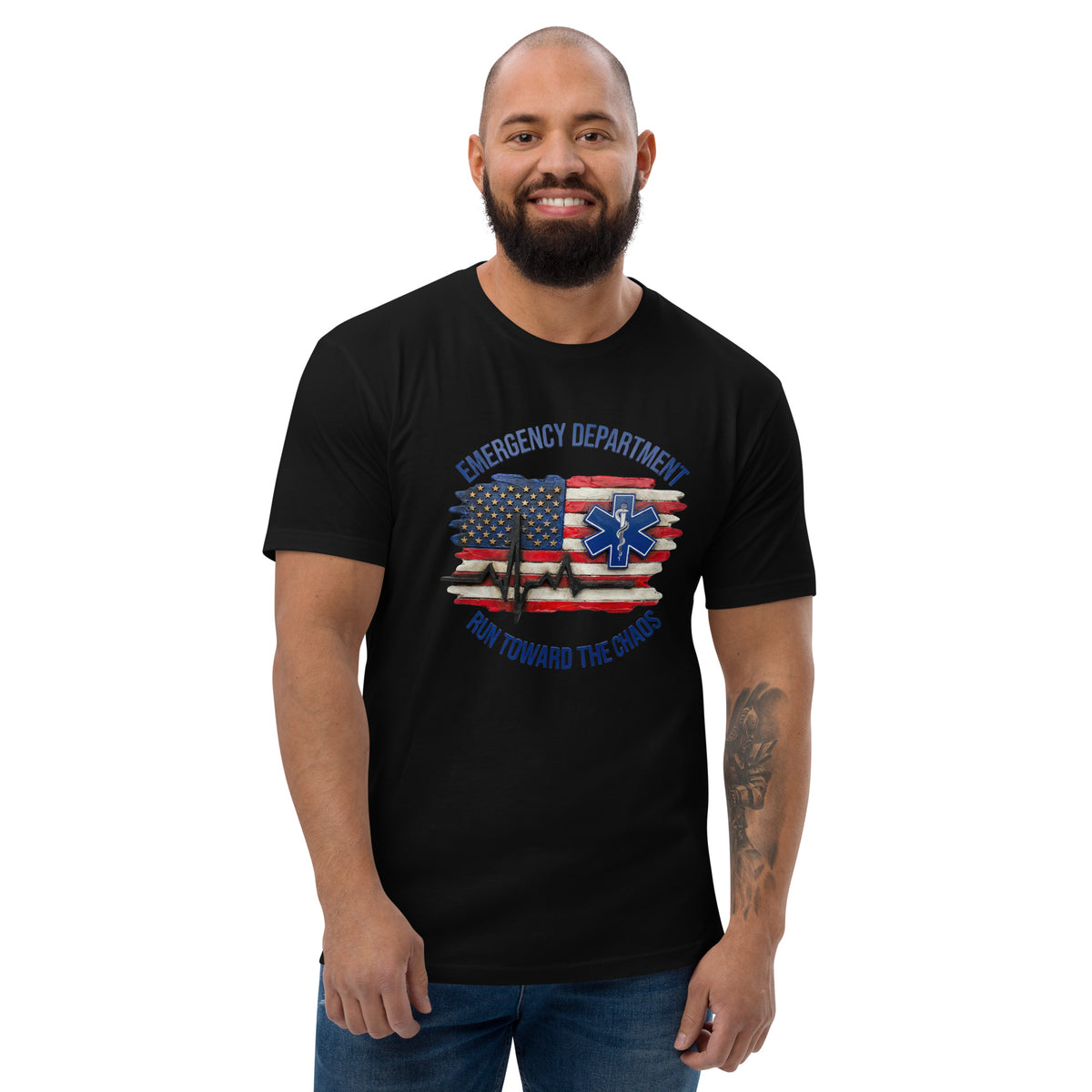 Emergency Department: Run Toward the Chaos fitted t-shirt in black, front view