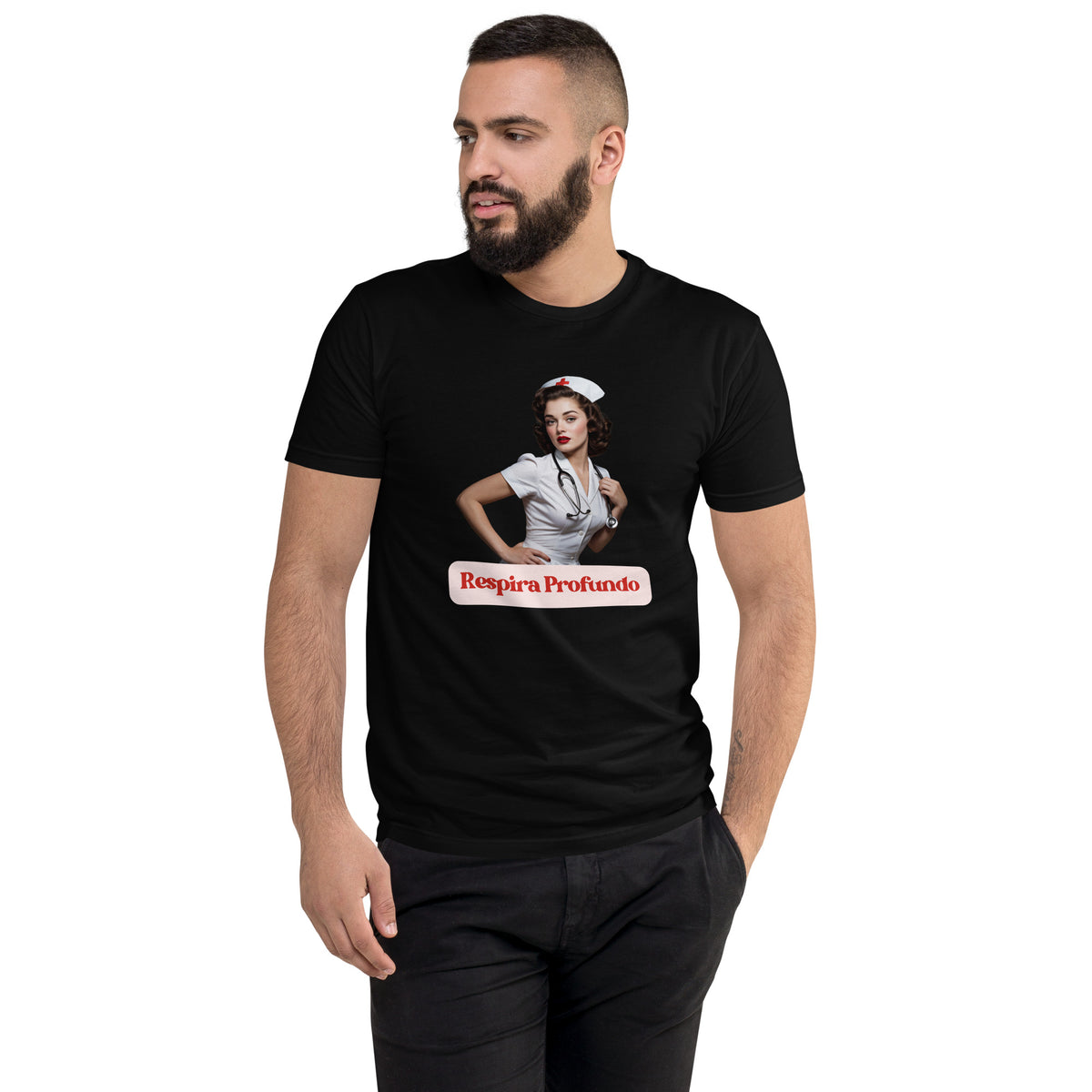 Respira Profundo Nurse men's fitted t-shirt in black — worn by a model, front view of the 1950s pin-up nurse with a stethoscope above a Respira Profundo badge
