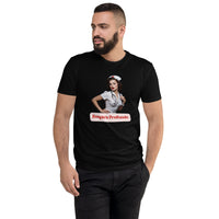 Respira Profundo Nurse men's fitted t-shirt in black — worn by a model, front view of the 1950s pin-up nurse with a stethoscope above a Respira Profundo badge