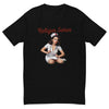 Relajar Señor Nurse men's fitted t-shirt in black — front view of the seated 1950s pin-up nurse holding a stethoscope under the Relajar Señor script lettering