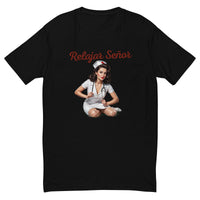Relajar Señor Nurse men's fitted t-shirt in black — front view of the seated 1950s pin-up nurse holding a stethoscope under the Relajar Señor script lettering