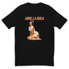 Abre La Boca men's fitted t-shirt in black — flat front view of the kneeling 1950s pin-up nurse under ABRE LA BOCA in block capitals