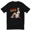 Rectum? Damn Near Killed 'Em! men's fitted t-shirt in black — flat front view of the seated 1950s pin-up nurse beside the RECTUM? Damn Near Killed 'Em! slogan lettering