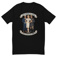 Drunk as a Sailor, Hung Like a Firefighter fitted t-shirt in Black, flat front view of the vintage service-poster illustration of a sailor, a nurse and a firefighter under a ribbon banner