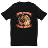 Future Firefighter in the Making form-fitting t-shirt in Black, flat front view of the vintage service-poster illustration of a firefighter and a 1950s pin-up nurse in front of a flag roundel, under an arched FUTURE FIREFIGHTER IN THE MAKING banner