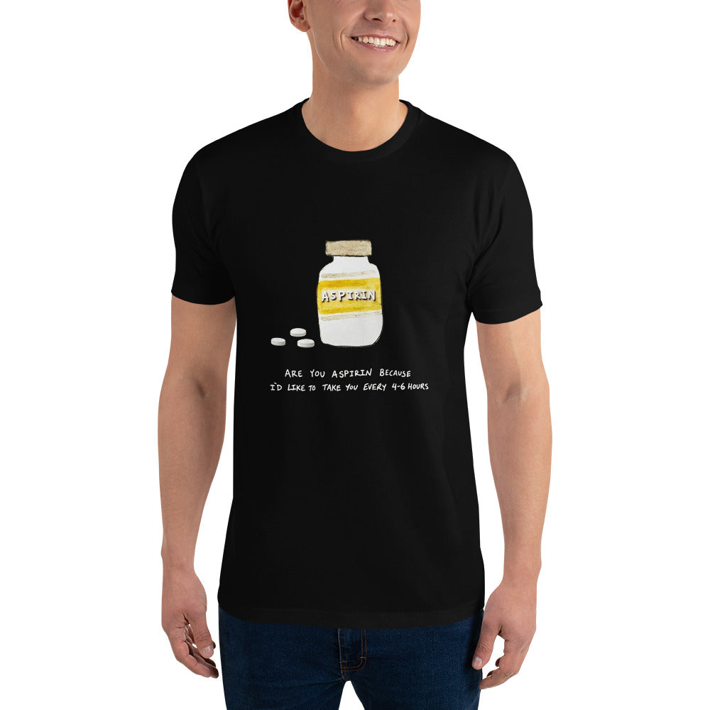 Black Are You Aspirin fitted t-shirt, worn by a model, front view