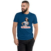 Respira Profundo Nurse men's fitted t-shirt in cool blue — worn by a model, front view of the 1950s pin-up nurse with a stethoscope above a Respira Profundo badge