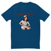 Relajar Señor Nurse men's fitted t-shirt in cool blue — front view of the seated 1950s pin-up nurse holding a stethoscope under the Relajar Señor script lettering