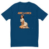 Abre La Boca men's fitted t-shirt in cool blue — flat front view of the kneeling 1950s pin-up nurse under ABRE LA BOCA in block capitals