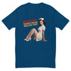 Rectum? Damn Near Killed 'Em! men's fitted t-shirt in cool blue — flat front view of the seated 1950s pin-up nurse beside the RECTUM? Damn Near Killed 'Em! slogan lettering