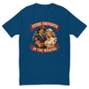 Future Firefighter in the Making form-fitting t-shirt in Cool Blue, flat front view of the vintage service-poster illustration of a firefighter and a 1950s pin-up nurse in front of a flag roundel, under an arched FUTURE FIREFIGHTER IN THE MAKING banner