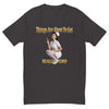 Things Are About to Get Really Weird men's fitted t-shirt in graphite black — flat front view of the retro pin-up nurse holding a syringe under lettering