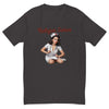 Relajar Señor Nurse men's fitted t-shirt in graphite black — front view of the seated 1950s pin-up nurse holding a stethoscope under the Relajar Señor script lettering