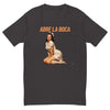 Abre La Boca men's fitted t-shirt in graphite black — flat front view of the kneeling 1950s pin-up nurse under ABRE LA BOCA in block capitals