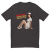 Rectum? Damn Near Killed 'Em! men's fitted t-shirt in graphite black — flat front view of the seated 1950s pin-up nurse beside the RECTUM? Damn Near Killed 'Em! slogan lettering