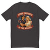 Future Firefighter in the Making form-fitting t-shirt in Graphite Black, flat front view of the vintage service-poster illustration of a firefighter and a 1950s pin-up nurse in front of a flag roundel, under an arched FUTURE FIREFIGHTER IN THE MAKING banner