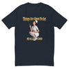 Things Are About to Get Really Weird men's fitted t-shirt in midnight navy — flat front view of the retro pin-up nurse holding a syringe under lettering