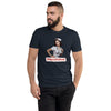 Respira Profundo Nurse men's fitted t-shirt in midnight navy — worn by a model, front view of the 1950s pin-up nurse with a stethoscope above a Respira Profundo badge
