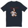 Relajar Señor Nurse men's fitted t-shirt in midnight navy — front view of the seated 1950s pin-up nurse holding a stethoscope under the Relajar Señor script lettering