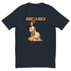 Abre La Boca men's fitted t-shirt in midnight navy — flat front view of the kneeling 1950s pin-up nurse under ABRE LA BOCA in block capitals