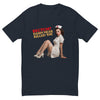 Rectum? Damn Near Killed 'Em! men's fitted t-shirt in midnight navy — flat front view of the seated 1950s pin-up nurse beside the RECTUM? Damn Near Killed 'Em! slogan lettering