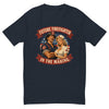 Future Firefighter in the Making form-fitting t-shirt in Midnight Navy, flat front view of the vintage service-poster illustration of a firefighter and a 1950s pin-up nurse in front of a flag roundel, under an arched FUTURE FIREFIGHTER IN THE MAKING banner
