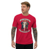 Drunk as a Sailor, Hung Like a Firefighter fitted t-shirt in Red, on a model, front view of the vintage service-poster illustration of a sailor, a nurse and a firefighter under a ribbon banner