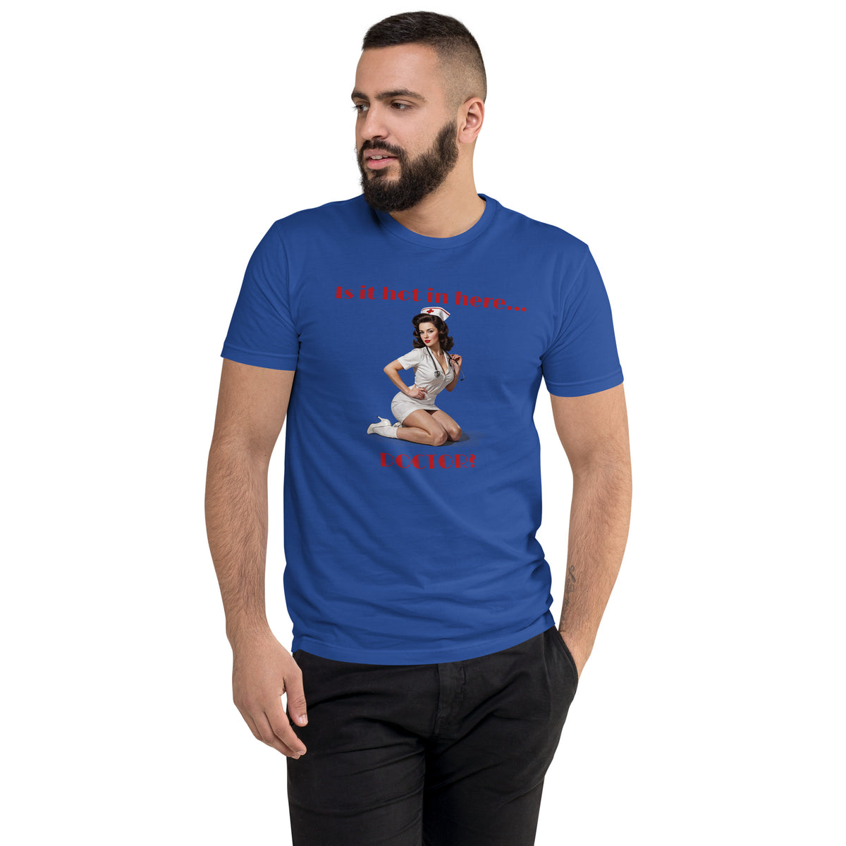 Doctor Is It Hot in Here? Short Sleeve T-shirt in royal blue, front view