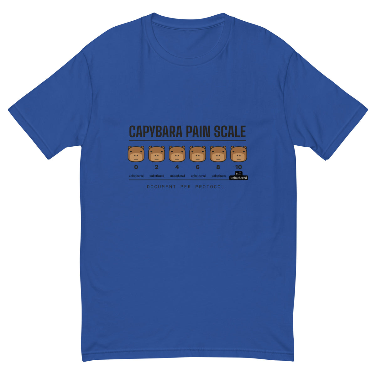 Capybara Pain Scale fitted t-shirt in royal blue, front view