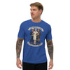 Drunk as a Sailor, Hung Like a Firefighter fitted t-shirt in Royal Blue, on a model, front view of the vintage service-poster illustration of a sailor, a nurse and a firefighter under a ribbon banner