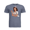 Bad Nurse Pin-Up Triblend T-Shirt in navy triblend, front view: a 1950s pin-up nurse with a stethoscope glancing back over her shoulder