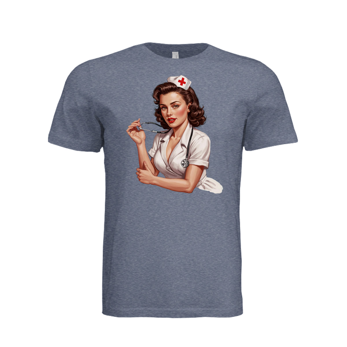 Bad Nurse Pin-Up Triblend T-Shirt in navy triblend, front view: a 1950s pin-up nurse with a stethoscope glancing back over her shoulder