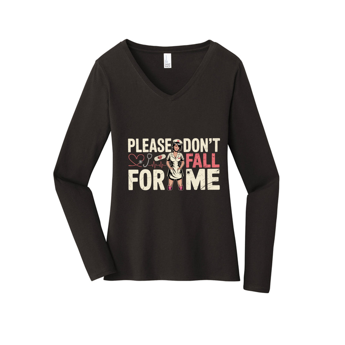 Nurse Don't Fall For Me Long Sleeve V-Neck in Black, front view, flat lay on a plain background