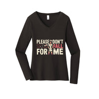 Nurse Don't Fall For Me Long Sleeve V-Neck in Black, front view, flat lay on a plain background
