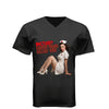 Rectum? Damn Near Killed 'Em! Fitted V-Neck T-Shirt in black, front view with the pin-up nurse and slogan