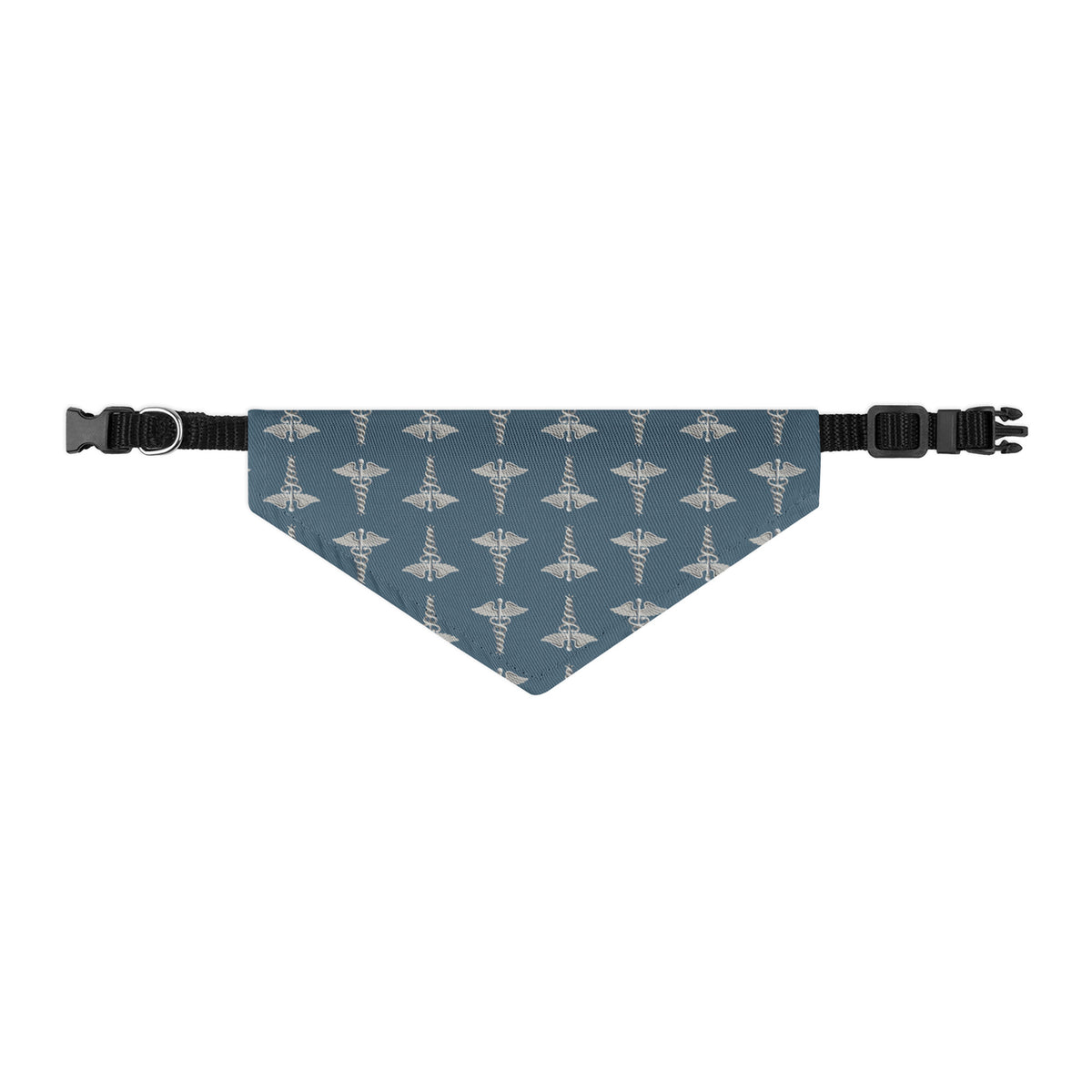 Chief of Cuddles Caduceus Pet Bandana Collar, size S, steel-blue bandana with a caduceus pattern on an adjustable black collar