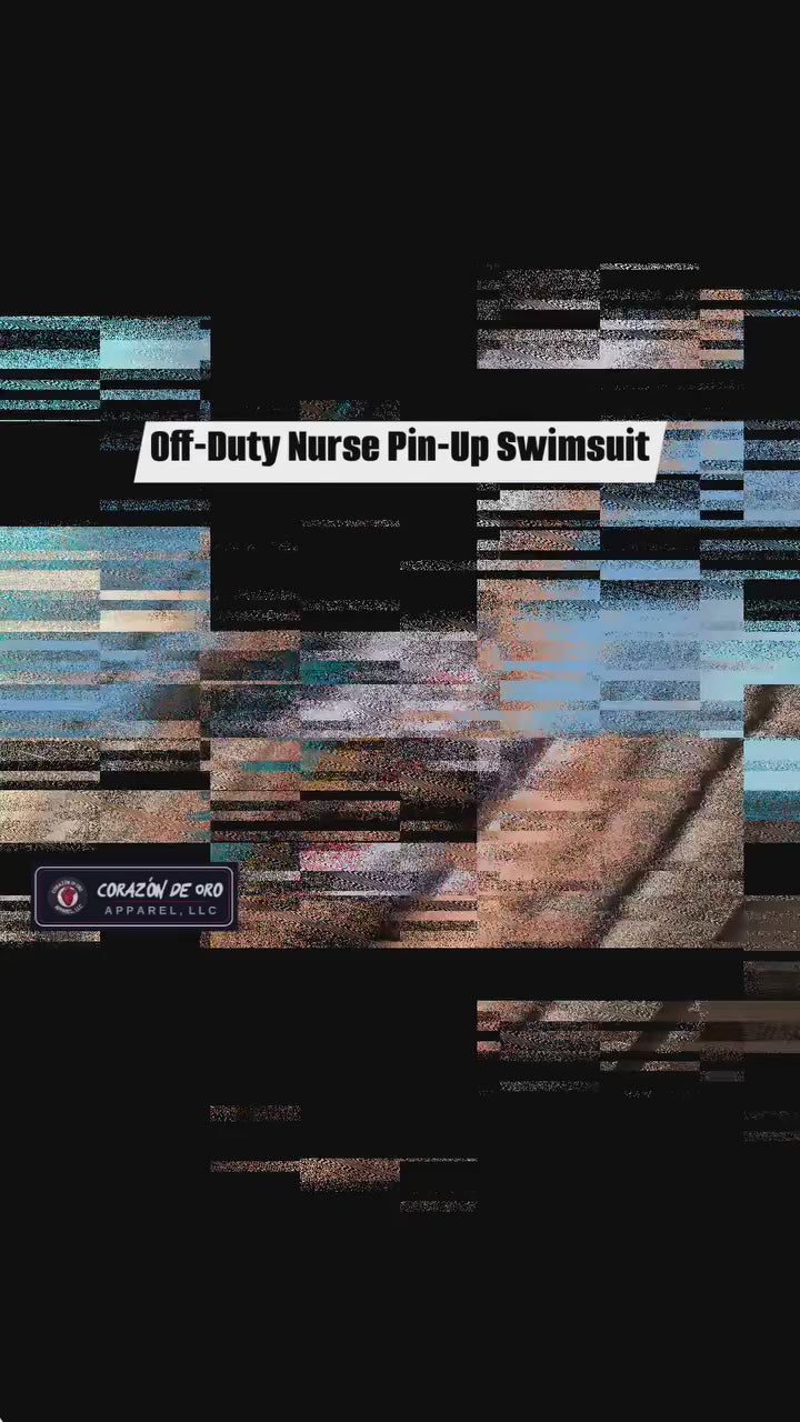 Off-Duty Nurse Pin-Up One-Piece Swimsuit video: a glitch-cut title card reading Off-Duty Nurse Pin-Up Swimsuit over the Corazon De Oro Apparel logo