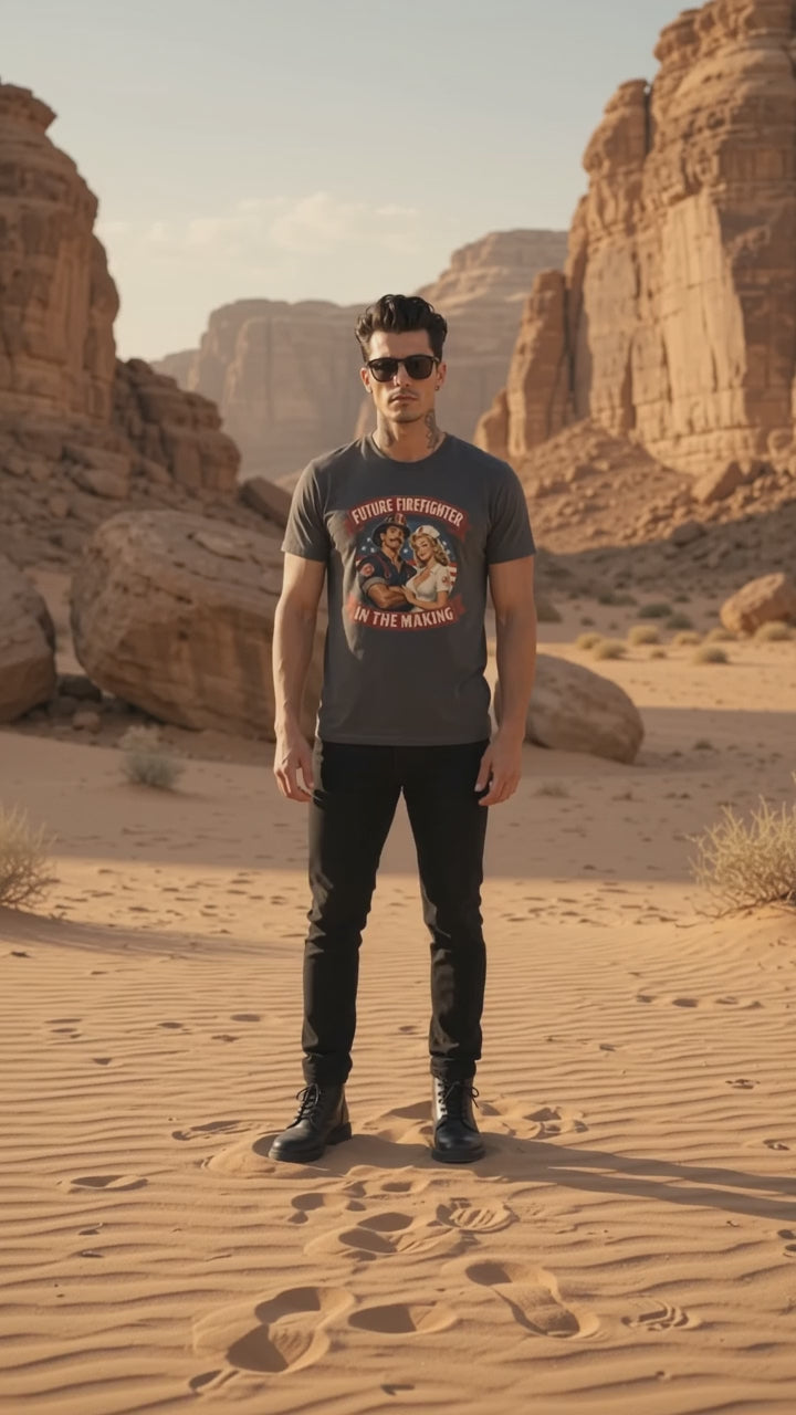 Future Firefighter in the Making Form-Fitting T-Shirt video: a male model in the tee standing in a desert canyon
