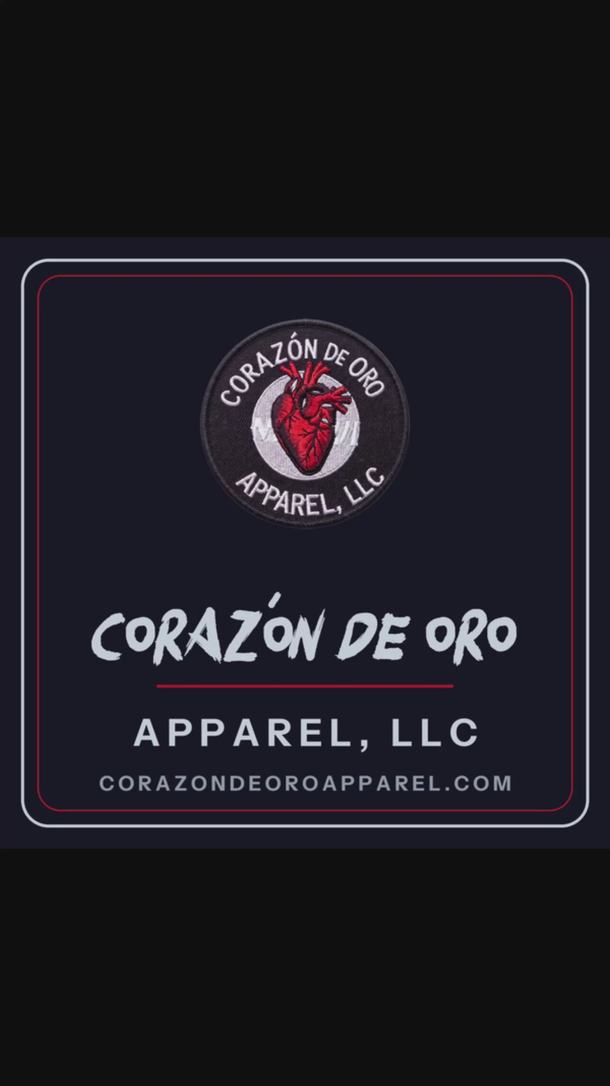 Cosmic Nurse men's polo shirt vertical brand clip: the Corazón De Oro Apparel, LLC card with the heart patch logo, then the polo shown front and back on a model